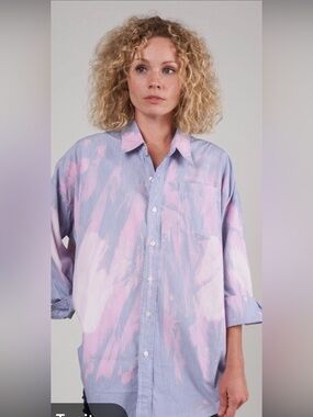 R13 Striped Button-Up Shirt in Blue and Pink. Oversized fit